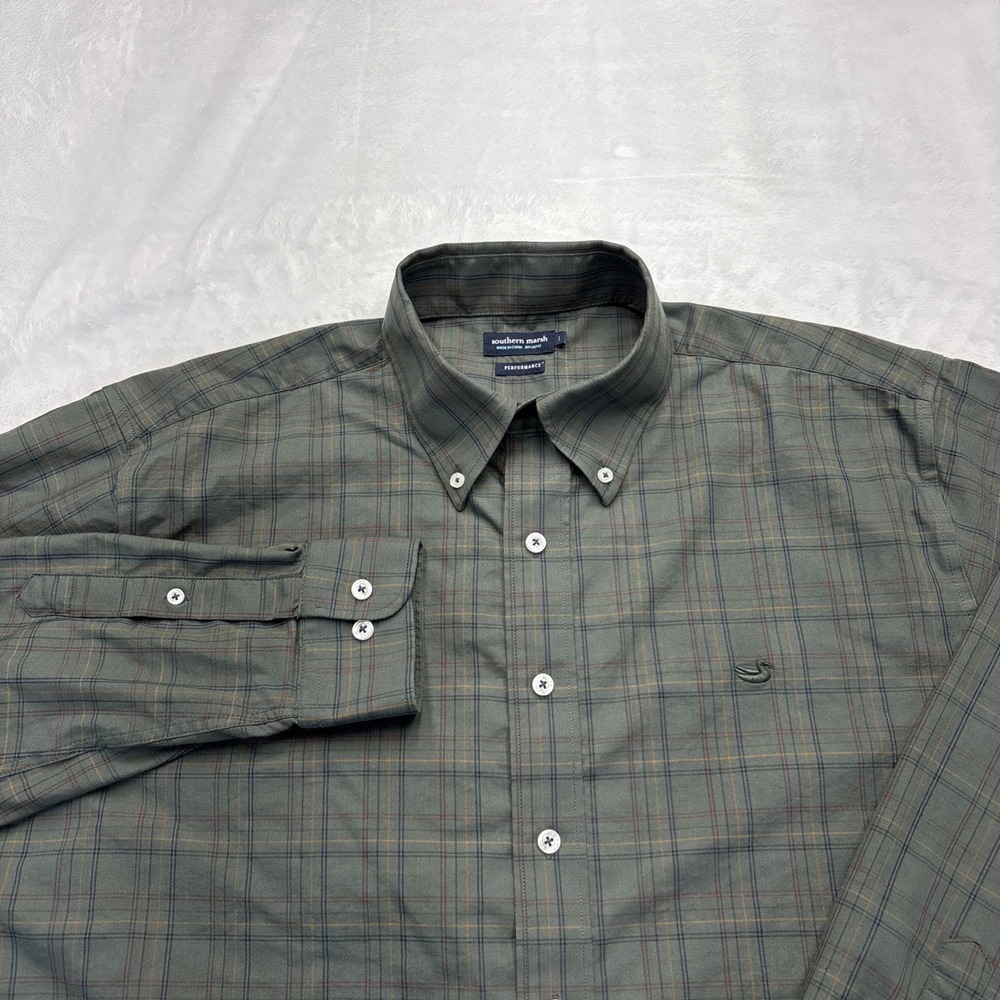Southern Marsh Performance Plaid Button Down Shirt Mens L Green Duck Logo LS